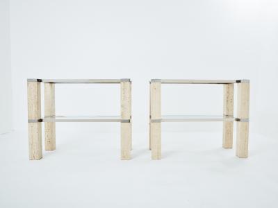 Pair of Fran ois Catroux chrome and travertine console tables 1973