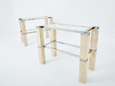 Pair of Fran ois Catroux chrome and travertine console tables 1973