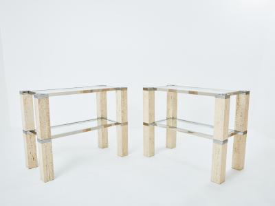 Pair of Fran ois Catroux chrome and travertine console tables 1973