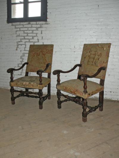 Pair of French 17th Century Louis XIV Walnut Armchairs