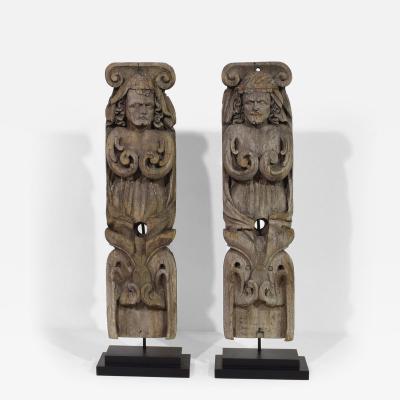 Pair of French 17th Century Weathered Oak Renaissance Ornaments