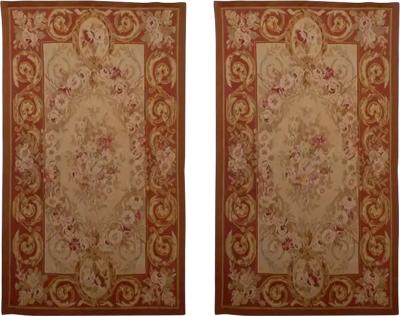 Pair of French 1850s Aubusson Floral Tapestries with Rinceaux Arabesques