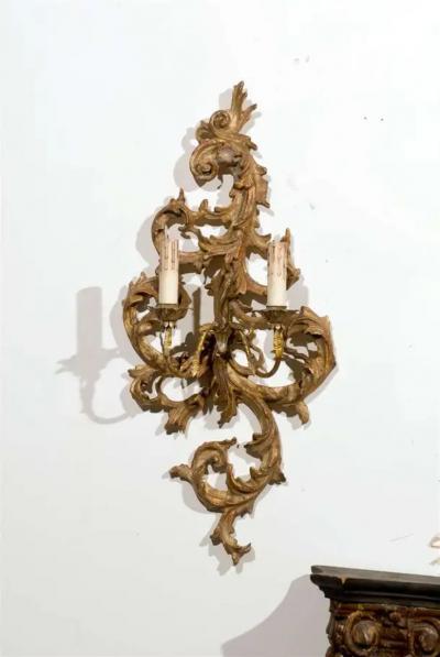 Pair of French 1850s Rococo Revival Giltwood Two Light Sconces