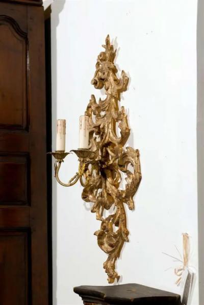 Pair of French 1850s Rococo Revival Giltwood Two Light Sconces