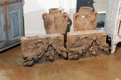 Pair of French 1860s Napoleon III Terracotta Architectural Fragments with Fruits