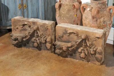 Pair of French 1860s Napoleon III Terracotta Architectural Fragments with Fruits
