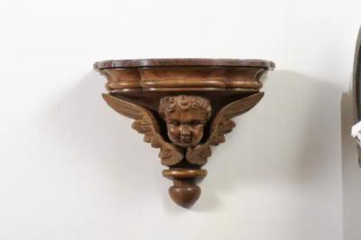 Pair of French 1880s Carved Walnut Brackets with Cherubs and Faux Marble Tops