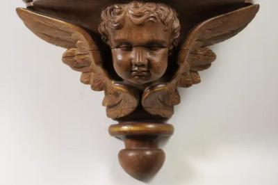 Pair of French 1880s Carved Walnut Brackets with Cherubs and Faux Marble Tops