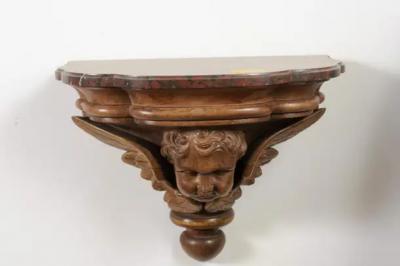 Pair of French 1880s Carved Walnut Brackets with Cherubs and Faux Marble Tops