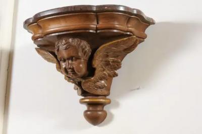 Pair of French 1880s Carved Walnut Brackets with Cherubs and Faux Marble Tops