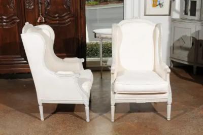 Pair of French 1890s Louis XVI Style Painted Wood Berg re Chairs with Upholstery
