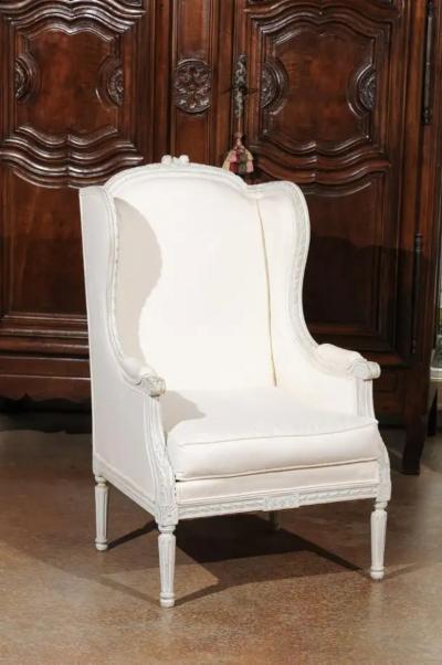 Pair of French 1890s Louis XVI Style Painted Wood Berg re Chairs with Upholstery