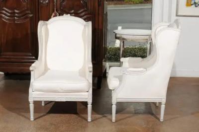 Pair of French 1890s Louis XVI Style Painted Wood Berg re Chairs with Upholstery