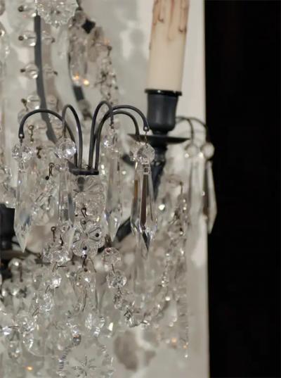 Pair of French 1890s Rococo Style Two Light Crystal Sconces Wired for the US