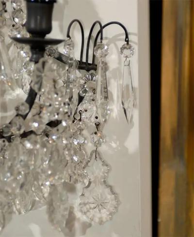 Pair of French 1890s Rococo Style Two Light Crystal Sconces Wired for the US