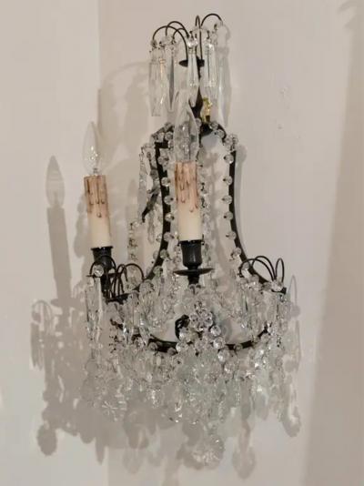 Pair of French 1890s Rococo Style Two Light Crystal Sconces Wired for the US