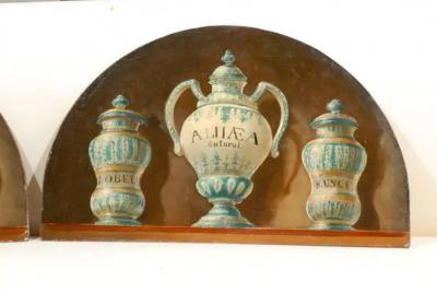 Pair of French 1900s Demilune Maison Jansen Panels Depicting Apothecary Jars