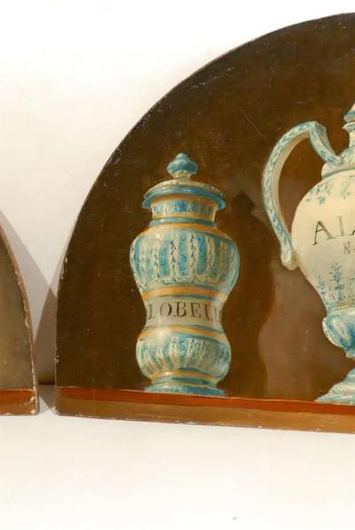 Pair of French 1900s Demilune Maison Jansen Panels Depicting Apothecary Jars