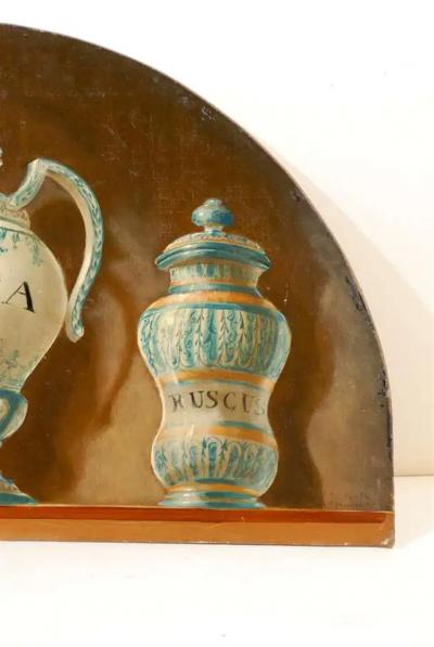 Pair of French 1900s Demilune Maison Jansen Panels Depicting Apothecary Jars