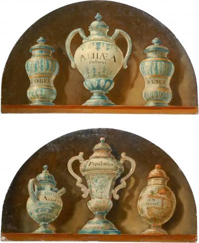 Pair of French 1900s Demilune Maison Jansen Panels Depicting Apothecary Jars