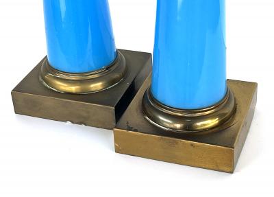 Pair of French 1950s Cerulean Blue Opaline Concical form Lamps