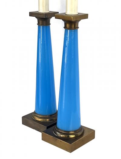 Pair of French 1950s Cerulean Blue Opaline Concical form Lamps