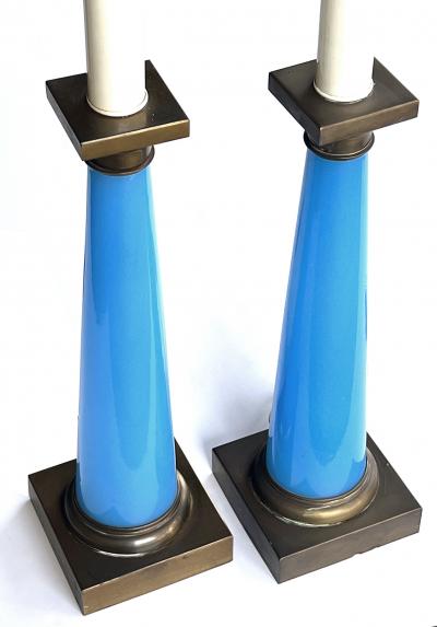 Pair of French 1950s Cerulean Blue Opaline Concical form Lamps