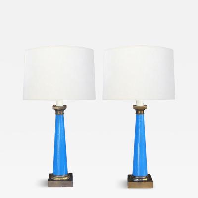 Pair of French 1950s Cerulean Blue Opaline Concical form Lamps