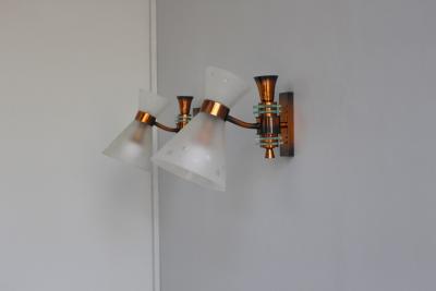 Pair of French 1950s Copper Diabolo Glass Sconces
