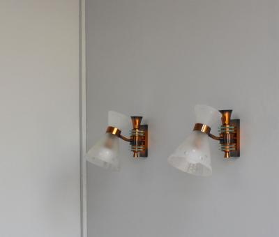 Pair of French 1950s Copper Diabolo Glass Sconces