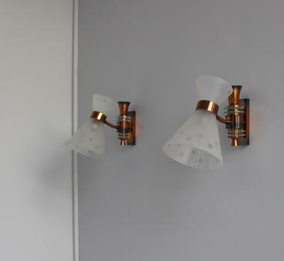 Pair of French 1950s Copper Diabolo Glass Sconces
