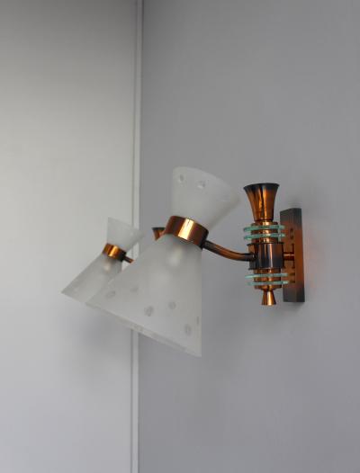 Pair of French 1950s Copper Diabolo Glass Sconces