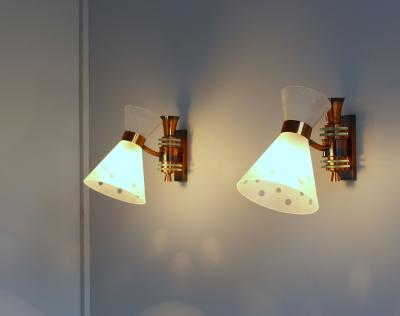 Pair of French 1950s Copper Diabolo Glass Sconces