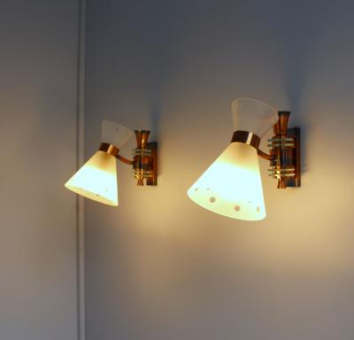 Pair of French 1950s Copper Diabolo Glass Sconces