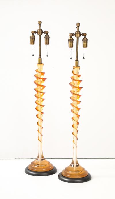 Pair of French 1980s Clear and Amber Lucite Corkscrew Lamps 