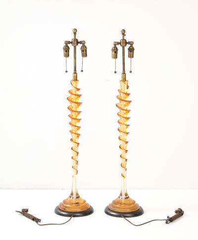 Pair of French 1980s Clear and Amber Lucite Corkscrew Lamps 