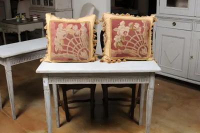 Pair of French 19th Century Aubusson Tapestry Pillows with Floral Decor