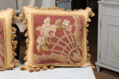 Pair of French 19th Century Aubusson Tapestry Pillows with Floral Decor