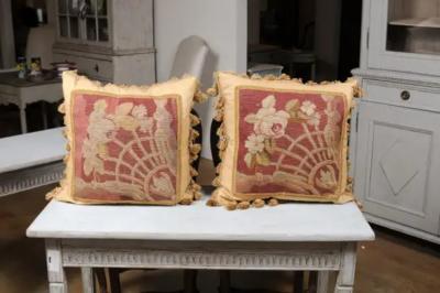 Pair of French 19th Century Aubusson Tapestry Pillows with Floral Decor