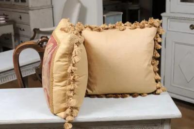 Pair of French 19th Century Aubusson Tapestry Pillows with Floral Decor