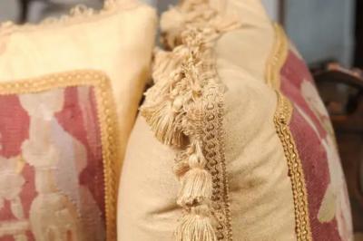 Pair of French 19th Century Aubusson Tapestry Pillows with Floral Decor