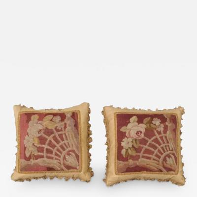 Pair of French 19th Century Aubusson Tapestry Pillows with Floral Decor