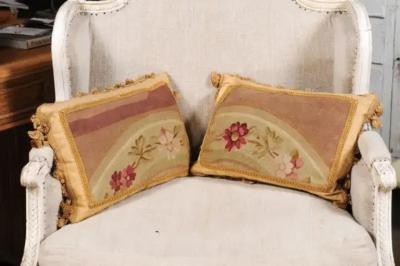 Pair of French 19th Century Aubusson Tapestry Pillows with Flowers and Tassels