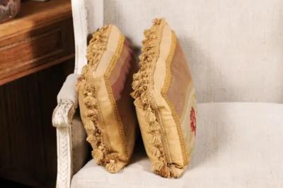 Pair of French 19th Century Aubusson Tapestry Pillows with Flowers and Tassels