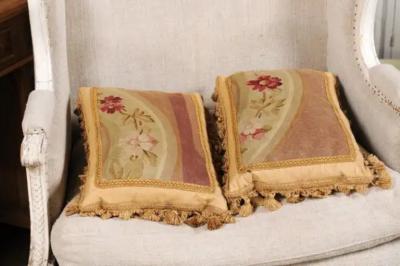 Pair of French 19th Century Aubusson Tapestry Pillows with Flowers and Tassels