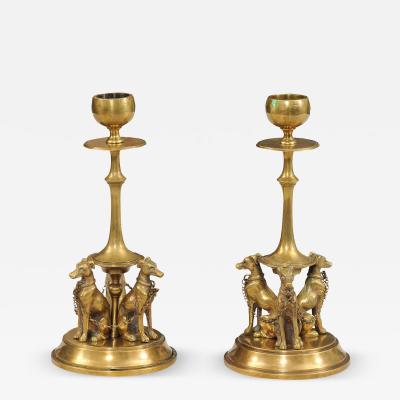 Pair of French 19th Century Bronze Candlesticks Decorated with Greyhound Dogs