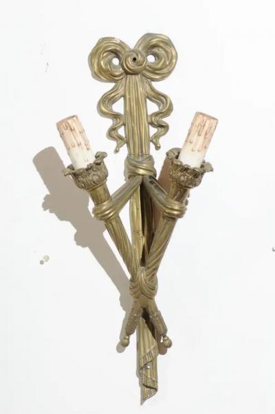 Pair of French 19th Century Bronze Two Light Ribbon Tied Wall Sconces Wired