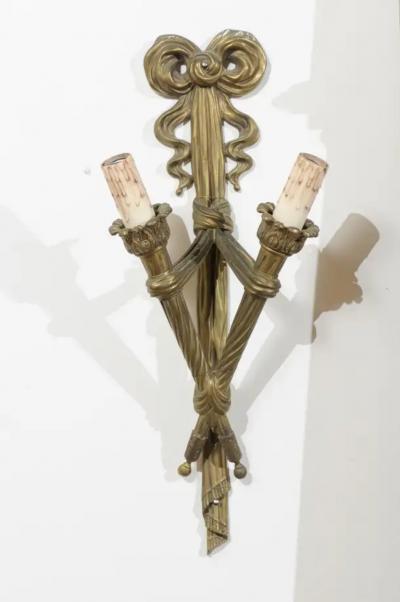 Pair of French 19th Century Bronze Two Light Ribbon Tied Wall Sconces Wired