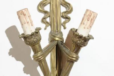 Pair of French 19th Century Bronze Two Light Ribbon Tied Wall Sconces Wired