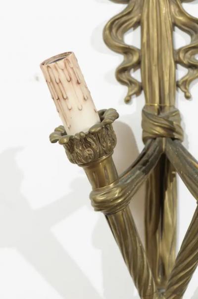 Pair of French 19th Century Bronze Two Light Ribbon Tied Wall Sconces Wired